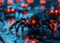 Pasukan robot laba-laba kecil dengan mata merah bercahaya di atas papan sirkuit, representasi visual dari Malware AI.