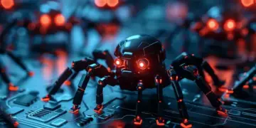 Pasukan robot laba-laba kecil dengan mata merah bercahaya di atas papan sirkuit, representasi visual dari Malware AI.