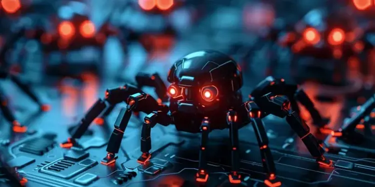 Pasukan robot laba-laba kecil dengan mata merah bercahaya di atas papan sirkuit, representasi visual dari Malware AI.