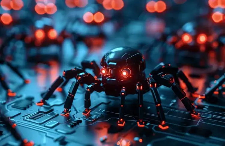 Pasukan robot laba-laba kecil dengan mata merah bercahaya di atas papan sirkuit, representasi visual dari Malware AI.