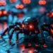 Pasukan robot laba-laba kecil dengan mata merah bercahaya di atas papan sirkuit, representasi visual dari Malware AI.