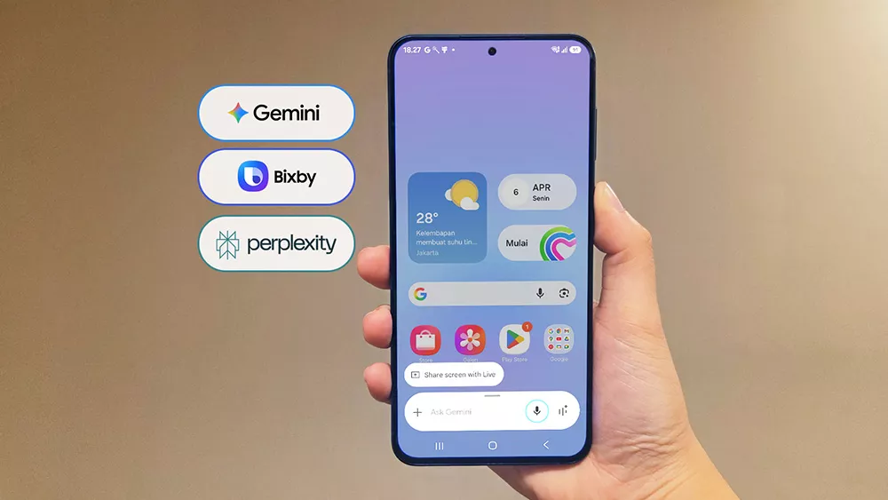 Layar utama Samsung Galaxy A57 5G yang menampilkan integrasi AI seperti Gemini, Bixby, dan Perplexity.