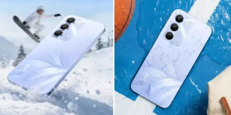 Uji ketahanan realme C100 4G terhadap air dan suhu ekstrem di lingkungan bersalju.