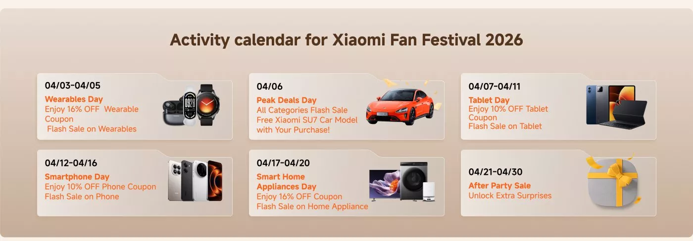 Kalender aktivitas lengkap Xiaomi Fan Festival 2026 mulai dari Wearables Day, Smartphone Day, hingga After Party Sale di bulan April.