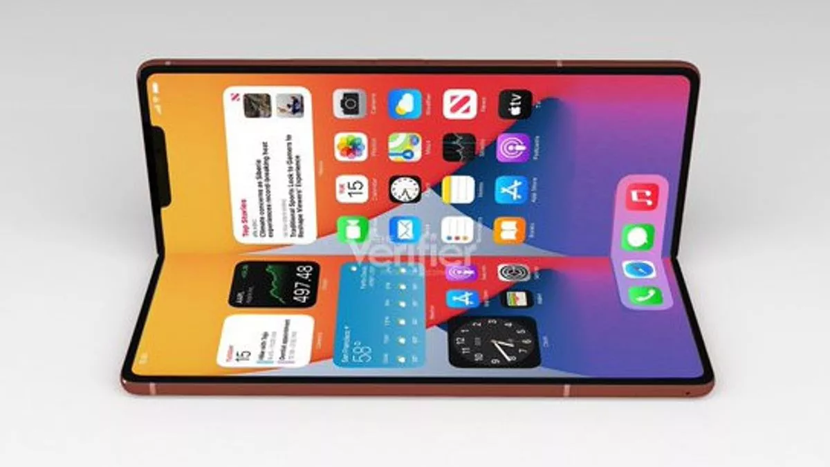 Tampilan layar penuh iPhone Fold saat dibuka lebar memperlihatkan layout multitasking yang luas.