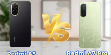 Redmi A5 warna hitam bersanding dengan Redmi A7 Pro varian warna hijau muda bertekstur di atas meja.