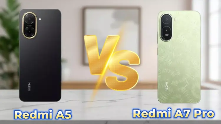 Redmi A5 warna hitam bersanding dengan Redmi A7 Pro varian warna hijau muda bertekstur di atas meja.
