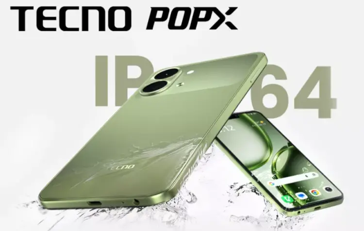Tecno Pop X 5G dengan sertifikasi ketahanan air dan debu IP64.