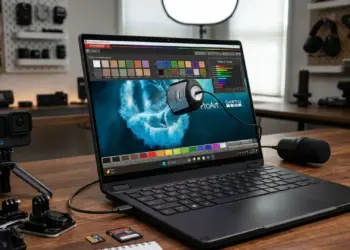 Laptop ASUS ProArt GoPro Edition menampilkan alur kerja kreator dengan kalibrasi warna layar dan kamera GoPro di meja.