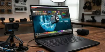 Laptop ASUS ProArt GoPro Edition menampilkan alur kerja kreator dengan kalibrasi warna layar dan kamera GoPro di meja.