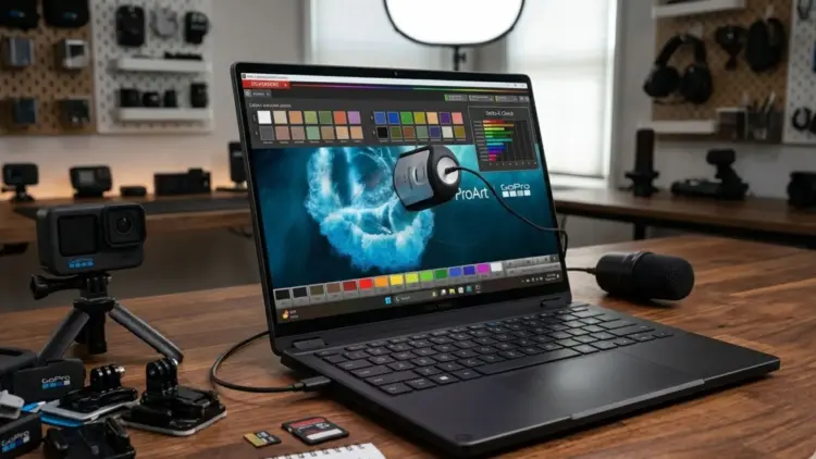 Laptop ASUS ProArt GoPro Edition menampilkan alur kerja kreator dengan kalibrasi warna layar dan kamera GoPro di meja.