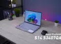 Laptop ASUS Vivobook S14 (S3407QA) dengan desain tipis dan fitur AI terbaru di atas meja kerja.