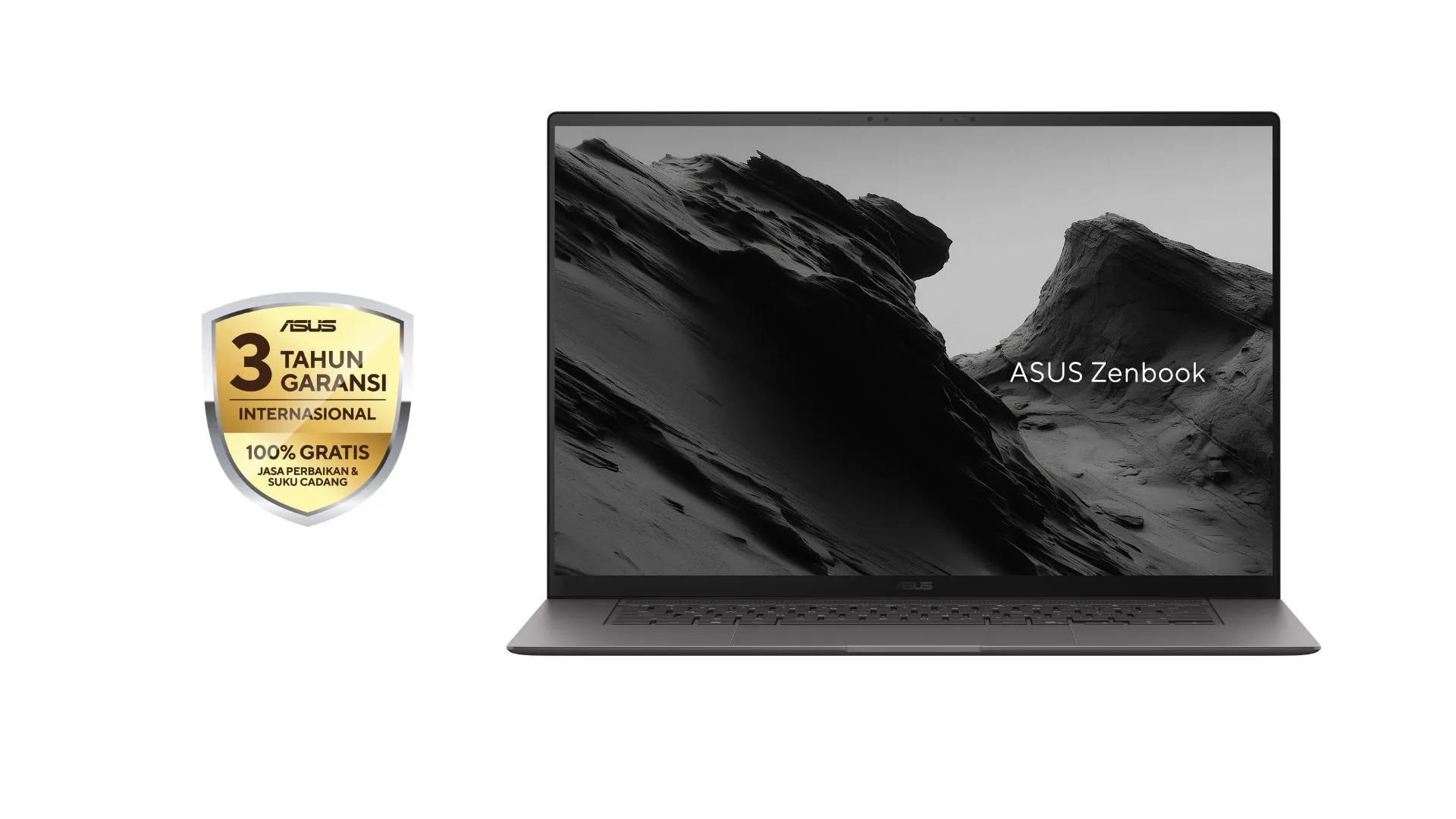 Visual laptop ASUS Zenbook S16 OLED UM5606GA dengan logo perisai emas garansi 3 tahun internasional di sisi kiri