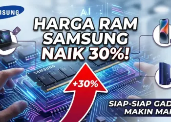 Infografis kenaikan harga RAM Samsung 30% dan dampaknya terhadap harga gadget seperti laptop dan smartphone.