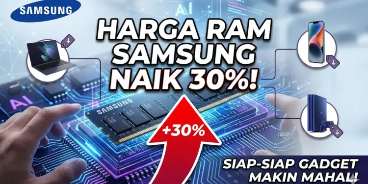 Infografis kenaikan harga RAM Samsung 30% dan dampaknya terhadap harga gadget seperti laptop dan smartphone.