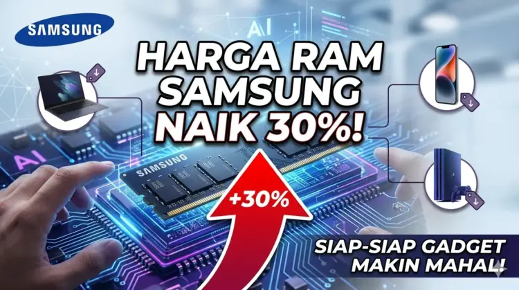Infografis kenaikan harga RAM Samsung 30% dan dampaknya terhadap harga gadget seperti laptop dan smartphone.