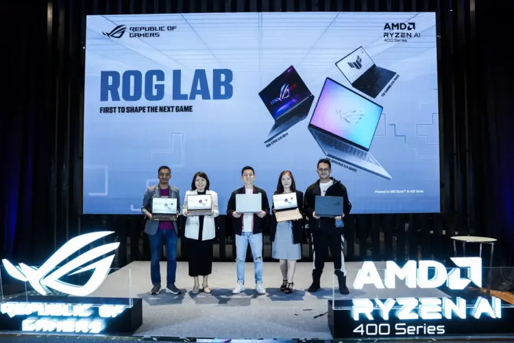 Peluncuran resmi lini laptop gaming AI ASUS ROG 2026 di Jakarta yang ditenagai prosesor AMD Ryzen AI 400 Series untuk performa gaming dan konten kreator.