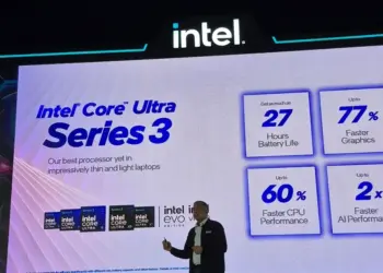 Presentasi peluncuran laptop Intel Core Ultra Series 3 di Indonesia yang menampilkan keunggulan performa AI PC dan daya tahan baterai hingga 27 jam.