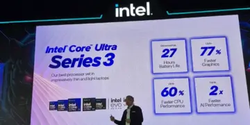 Presentasi peluncuran laptop Intel Core Ultra Series 3 di Indonesia yang menampilkan keunggulan performa AI PC dan daya tahan baterai hingga 27 jam.