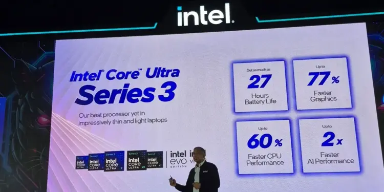 Presentasi peluncuran laptop Intel Core Ultra Series 3 di Indonesia yang menampilkan keunggulan performa AI PC dan daya tahan baterai hingga 27 jam.