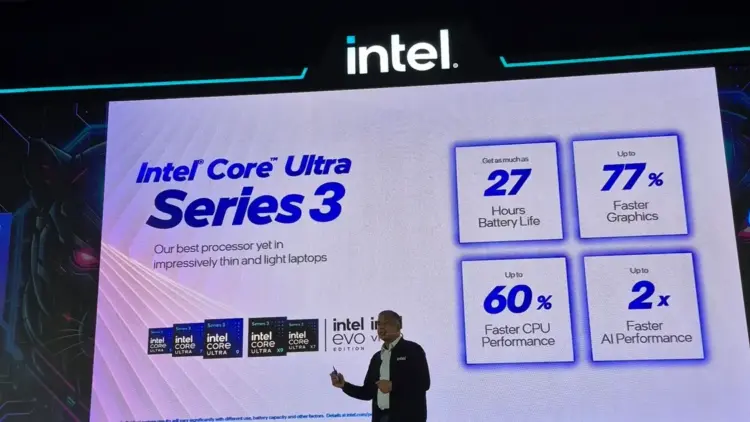 Presentasi peluncuran laptop Intel Core Ultra Series 3 di Indonesia yang menampilkan keunggulan performa AI PC dan daya tahan baterai hingga 27 jam.