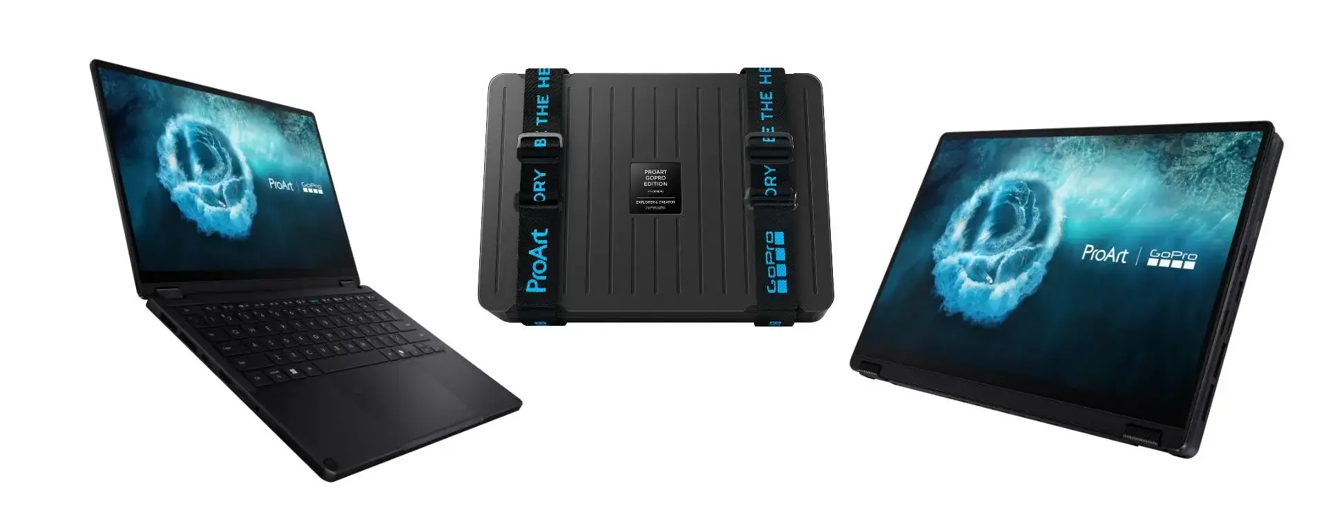 Tiga sudut pandang laptop ASUS ProArt GoPro Edition mode standar, mode tablet, dan koper suitcase kolektor.
