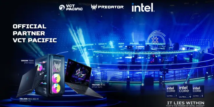 Infografis VCT Pacific 2026 menampilkan Predator Gaming Indonesia sebagai mitra resmi dengan logo Predator, VCT Pacific, Intel, serta desktop gaming Orion 7000 dan laptop gaming Helios Neo 16S AI dan Triton 14 AI.