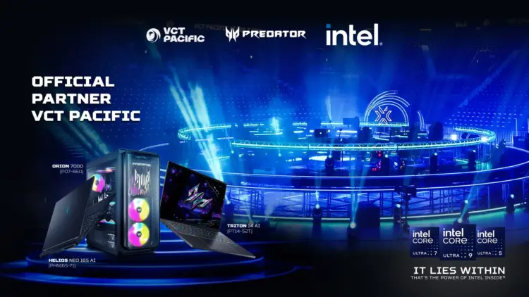 Infografis VCT Pacific 2026 menampilkan Predator Gaming Indonesia sebagai mitra resmi dengan logo Predator, VCT Pacific, Intel, serta desktop gaming Orion 7000 dan laptop gaming Helios Neo 16S AI dan Triton 14 AI.