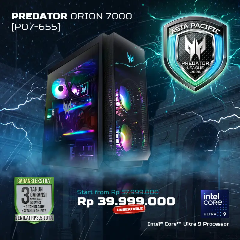 Desktop gaming Predator Orion 7000 perangkat resmi VCT Pacific 2026 bertenaga Intel Core Ultra 9 untuk performa gaming kompetitif.