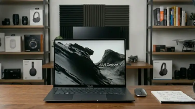 Laptop ASUS Zenbook S16 OLED UM5606GA di atas meja kerja dengan layar menampilkan wallpaper pegunungan