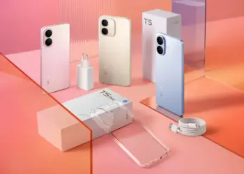 Tampilan fisik vivo T5 Series varian warna Total Pink, Total Gold, dan Total Blue lengkap dengan kotak kemasan resmi.