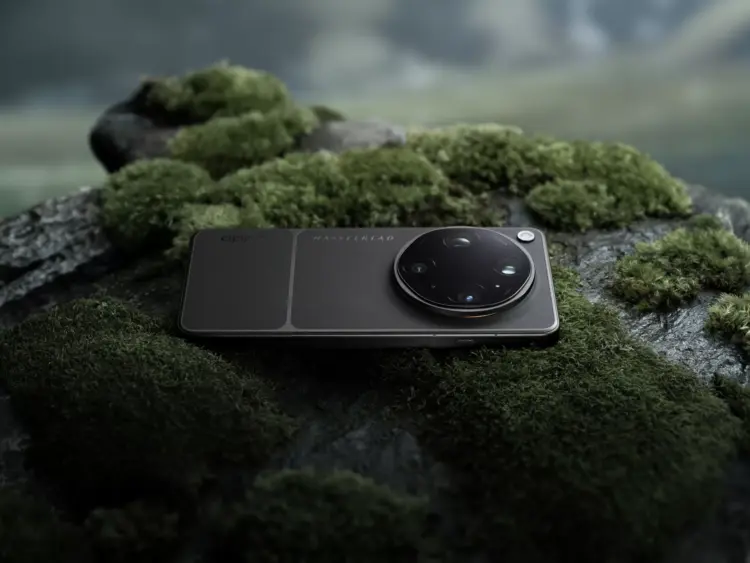 Tampilan bodi belakang OPPO Find X9 Ultra dengan modul kamera Hasselblad yang besar di atas batu berlumut.