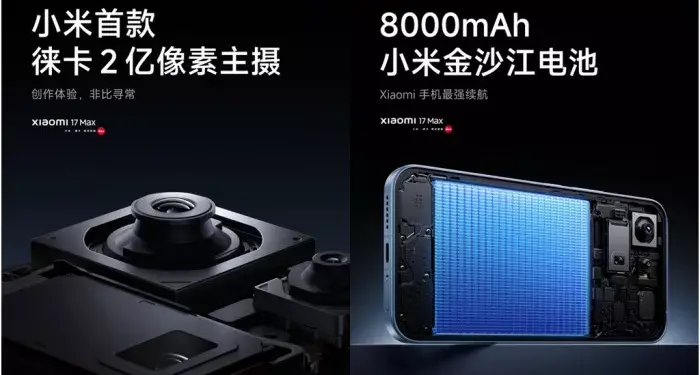 Poster bocoran spesifikasi Xiaomi 17 Max yang menunjukkan modul kamera Leica 200MP dan kapasitas baterai jumbo 8000mAh.