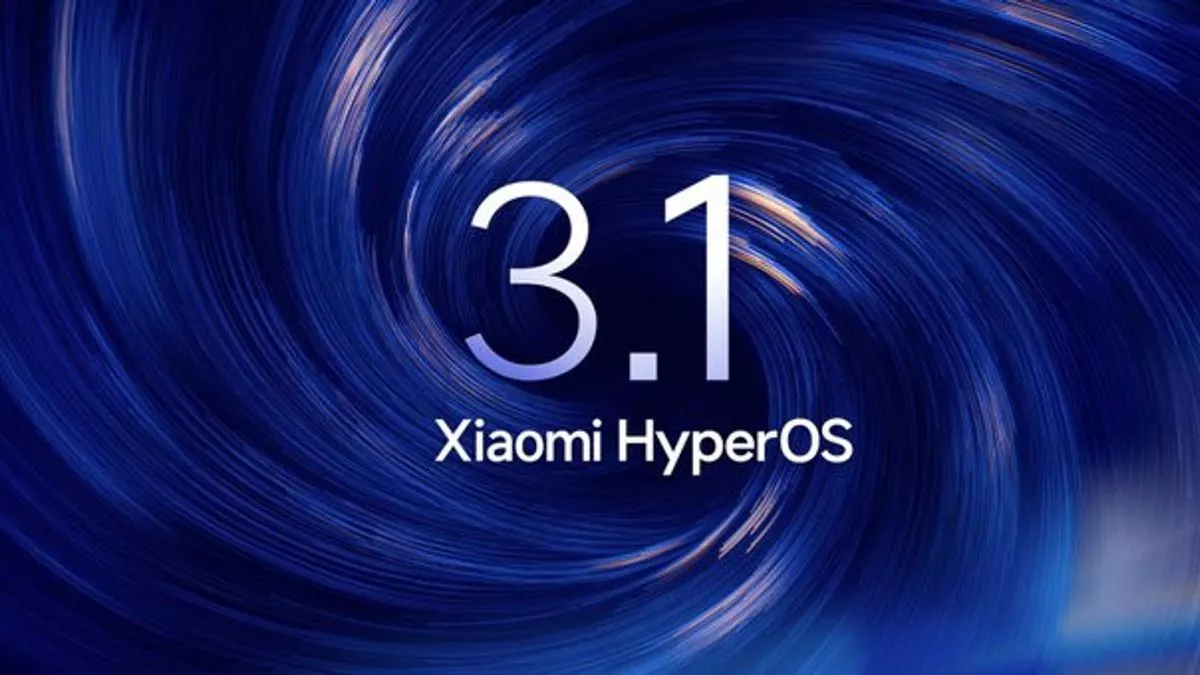 Logo resmi pembaruan Xiaomi HyperOS 3.1 dengan latar belakang pusaran warna biru futuristik.