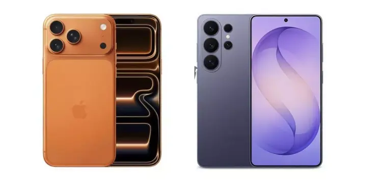 Render komparasi visual awal antara Samsung S26 Ultra dengan varian warna titanium violet dan iPhone 17 Pro Max dalam balutan warna oranye tembaga ikonik.