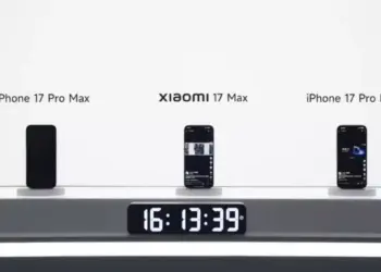 Sesi presentasi membandingkan ketahanan baterai Xiaomi 17 Max di antara dua unit kompetitor iPhone 17 Pro Max.