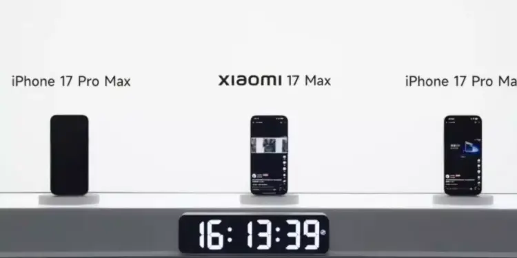 Sesi presentasi membandingkan ketahanan baterai Xiaomi 17 Max di antara dua unit kompetitor iPhone 17 Pro Max.
