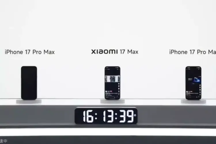 Sesi presentasi membandingkan ketahanan baterai Xiaomi 17 Max di antara dua unit kompetitor iPhone 17 Pro Max.
