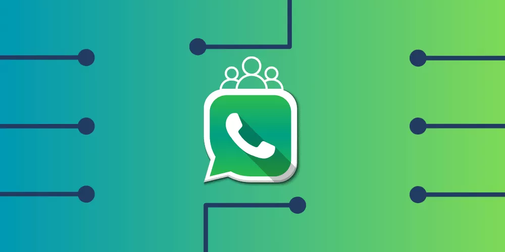 Ikon komunitas WhatsApp dengan latar belakang sirkuit teknologi, melambangkan sistem otomatis untuk keluar dari grup WhatsApp.