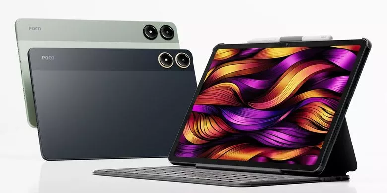 Tablet Poco C Pad varian warna hijau dan hitam yang mendukung aksesori keyboard eksternal dan stylus.