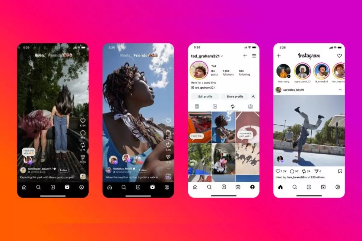 Berbagai tampilan fitur Instagram mulai dari Reels, profil pengguna, hingga feed utama dalam format aplikasi mobile.
