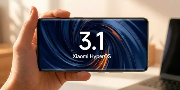 Seseorang memegang smartphone Xiaomi berlayar lengkung yang menampilkan logo Xiaomi HyperOS 3.1 dalam posisi lanskap.