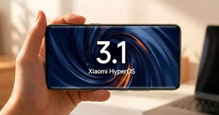 Seseorang memegang smartphone Xiaomi berlayar lengkung yang menampilkan logo Xiaomi HyperOS 3.1 dalam posisi lanskap.