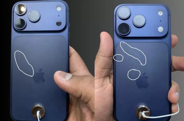 Perbandingan sebelum dan sesudah perbaikan goresan pada kaca belakang iPhone di tempat servis iPhone di China.