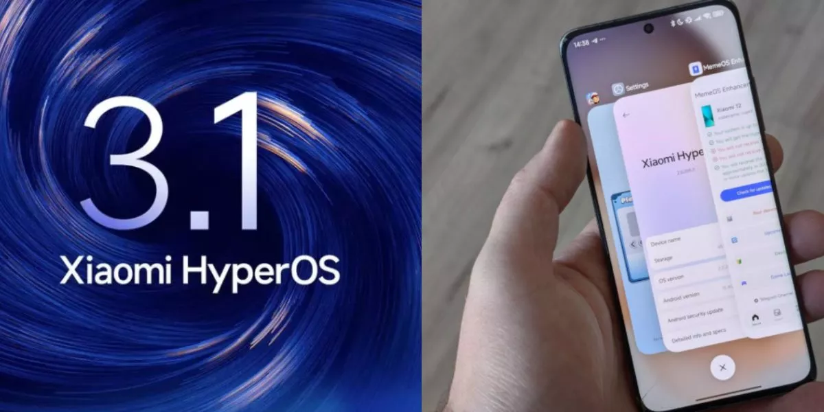 gambar logo HyperOS 3.1 dan tangan seseorang yang sedang membuka menu pengaturan pembaruan sistem di HP Xiaomi.