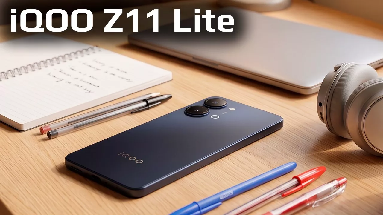 Ilustrasi smartphone iQOO Z11 Lite di atas meja kerja, menampilkan bocoran spek mesin yang terungkap via Geekbench.