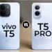 Perbandingan desain kamera belakang vivo T5 dan vivo T5 Pro dalam varian warna biru muda.