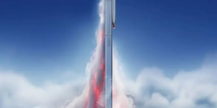 Teaser resmi iQOO 15T yang menonjolkan desain bodi ultra tipis dari tampak samping berlatar belakang awan dan efek petir.