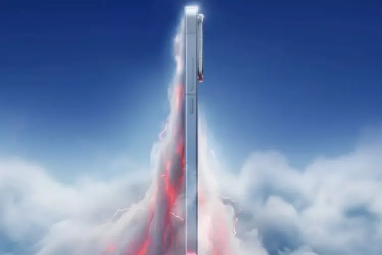 Teaser resmi iQOO 15T yang menonjolkan desain bodi ultra tipis dari tampak samping berlatar belakang awan dan efek petir.