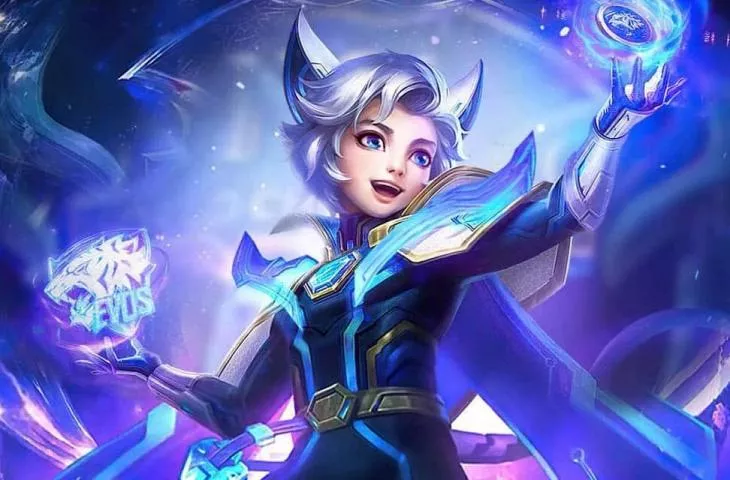 Skin Harith EVOS Legends, salah satu skin legendaris paling ikonik dengan logo tim macan putih yang menyala.